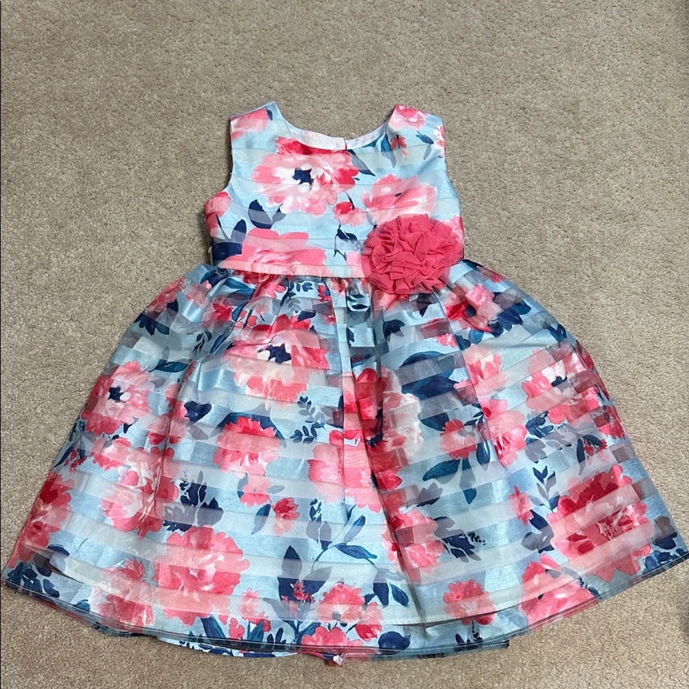 Girls Jona Michelle Floral Pink & Blue Party Dress with Rosette
